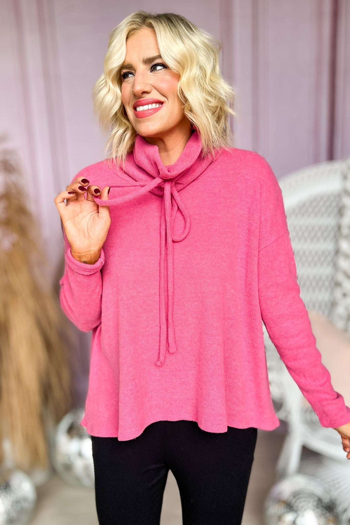 Hot Pink Brushed Drawstring Cowl Neck Knit Top, cozy collection, must have, set, fall fashion, everyday wear, mom style, shop style your senses by mallory fitzsimmons