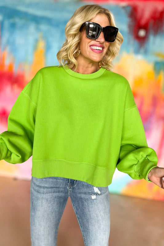 green Balloon Sleeve Sweatshirt, pink soft material, everyday wear, everyday sweatshirt, mom style, lounge to lunch, shop style your senses by mallory fitzsimmons