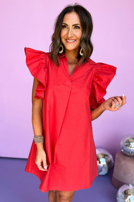 SSYS red Ruffle Shoulder Poplin Dress, ruffle sleeve, poplin, v neck, easy fit, must have, shop style your senses by mallory fitzsimmons
