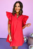 SSYS red Ruffle Shoulder Poplin Dress, ruffle sleeve, poplin, v neck, easy fit, must have, shop style your senses by mallory fitzsimmons