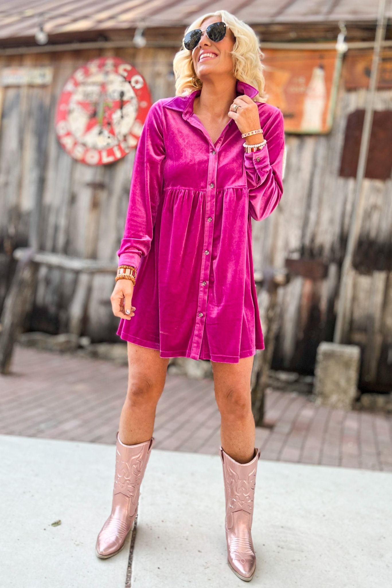 Magenta Velvet Button Up Long Sleeve Babydoll Dress, fall fashion, country concert, concert look, must ave, velvet, shop style your senses by mallory fitzsimmons