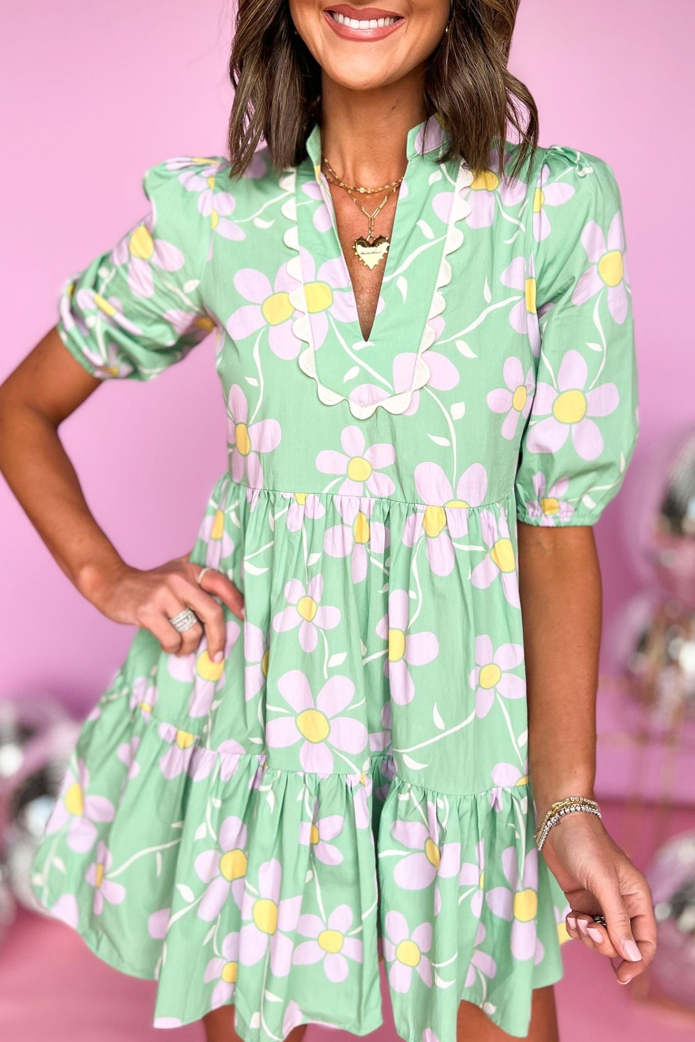 Karlie Green Daisy Printed Babydoll Scalloped Tiered Dress, scallop detail, spring dress, spring look, flirty floral, must have, collar detail, shop style your senses by mallory fitzsimmons