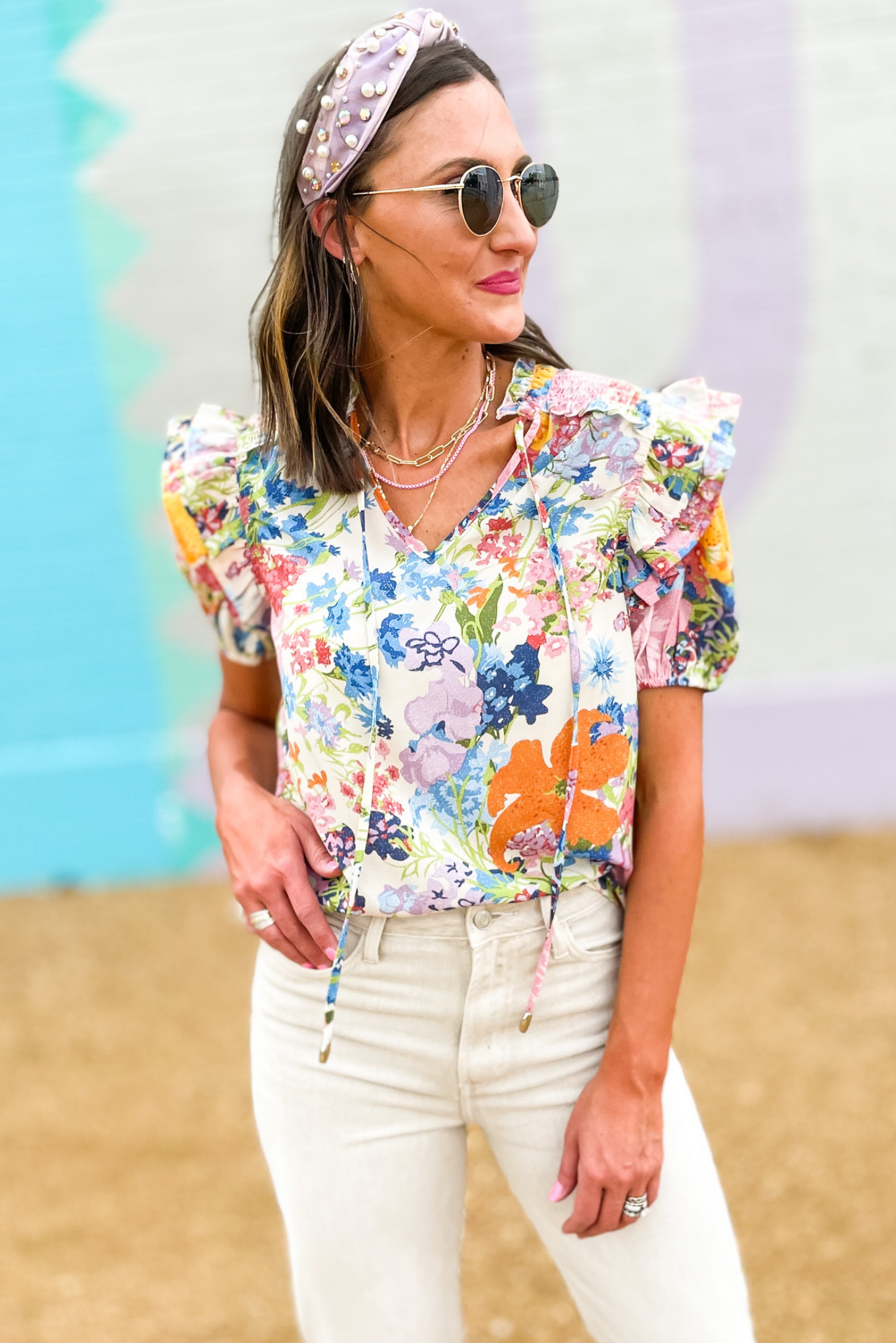 Cream Multi Floral Print V Neck Ruffle Hem Puff Sleeve Top, puff sleeve top, ruffle sleeve, v neck,, multi print, summer top, work to weekend, shop style your senses by mallory fitzsimmons