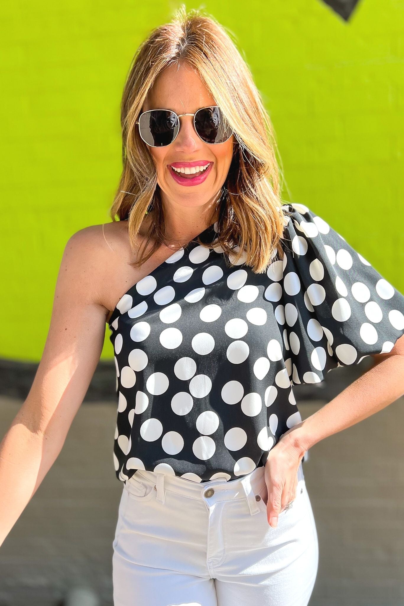 Black White Polka Dot Bubble One Shoulder Top, polka dot, one shoulder, black and white, summer top, date night, work to weekend, puff sleeve, shop style your senes by mallory fitzsimmons