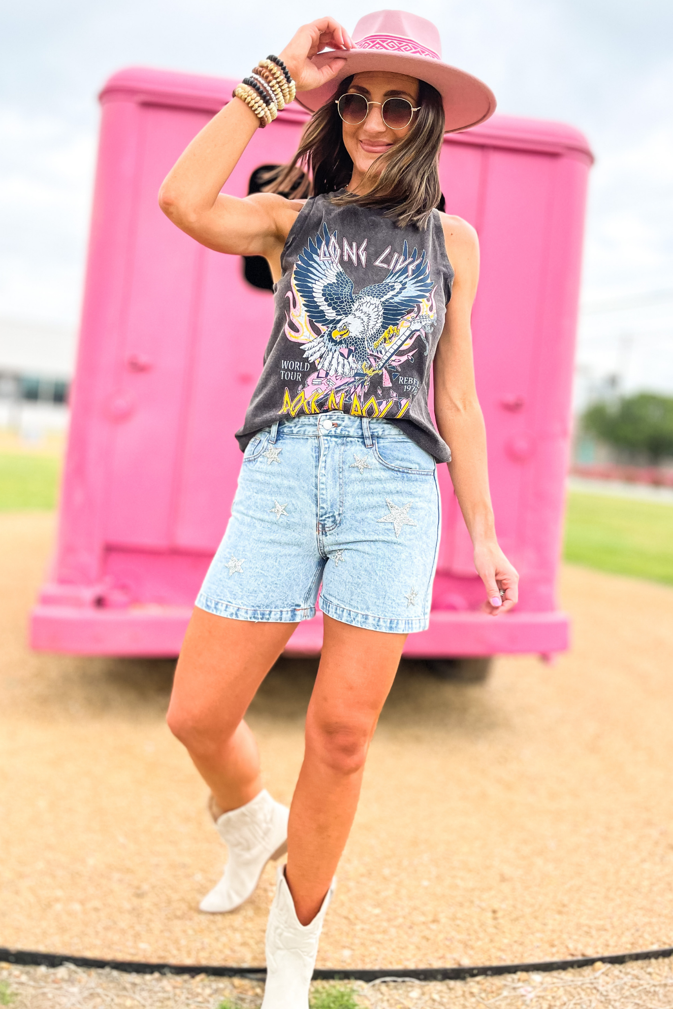 Black Mineral Wash Long Live Rock And Roll Graphic Tank, graphic tank, tank top, summer top, denim shorts star shorts, acid wash, pink cowgirl hat, western, concert outfit, shop style your senses by mallory fitzsimmons
