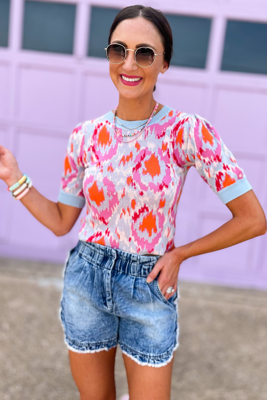 Pink Blue Printed Short Puff Sleeve Sweater Top, puff sleeve top, pink printed, knit top, abstract, spring top, shop style your senses by mallory fitzsimmons