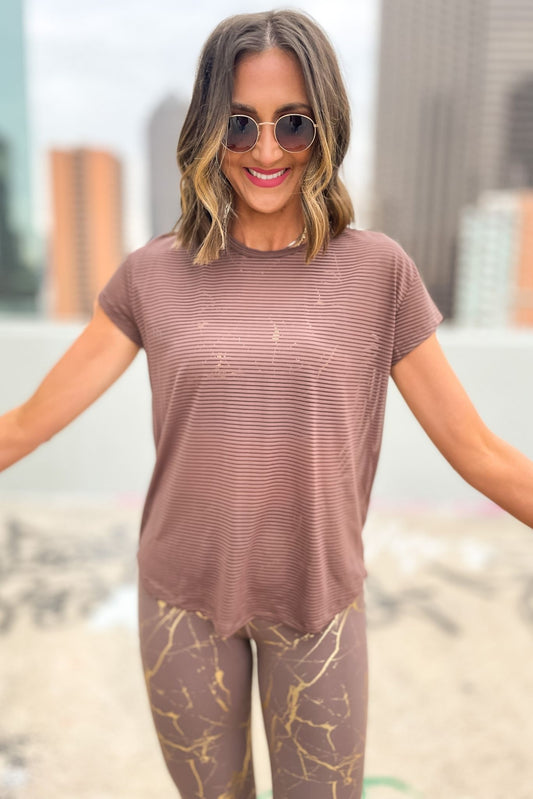 Cocoa Sheer Striped Athleisure Top w/ Back Panel, brown, work out top, athleisure, work out outfit, mom style, lounge wear, shop style your senses by mallory fitzsimmons