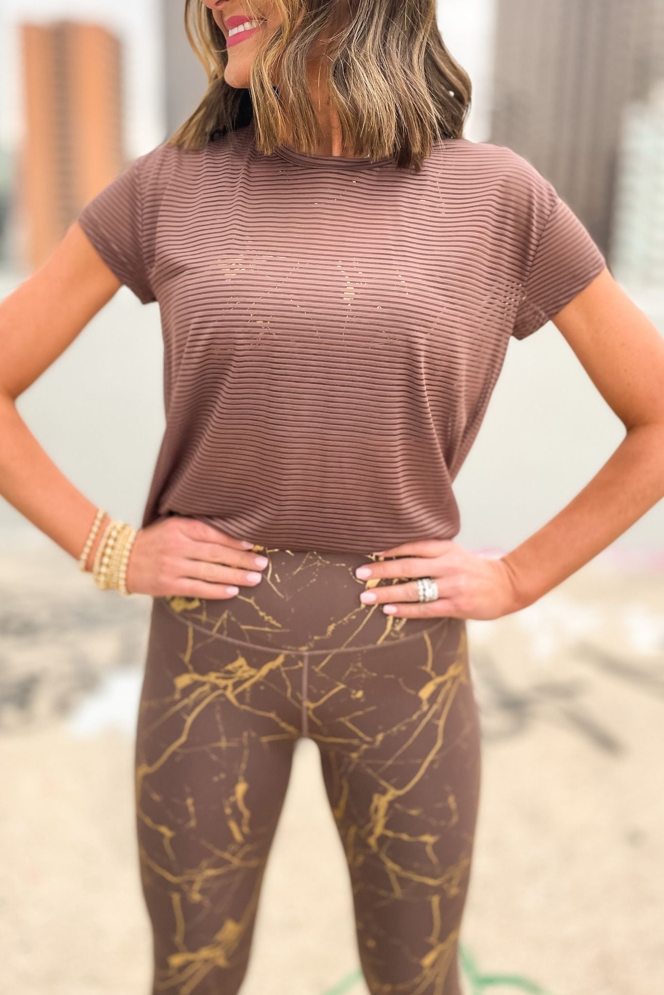 Cocoa Sheer Striped Athleisure Top w/ Back Panel, brown, work out top, athleisure, work out outfit, mom style, lounge wear, shop style your senses by mallory fitzsimmons