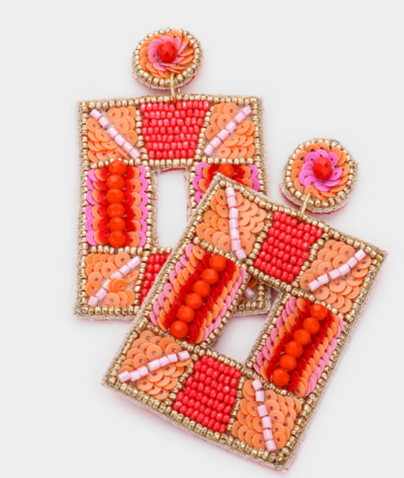 Coral Beaded Open Rectangle Earrings