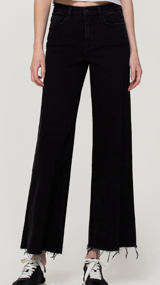 Vervet Black High Rise Wide Leg Raw Hem Crop Jeans