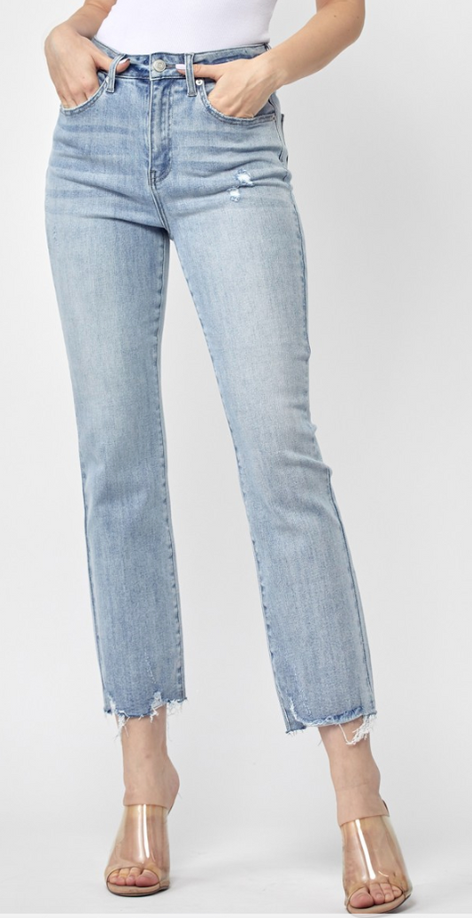 Risen Light Wash High Rise Raw Hem Straight Leg Jeans