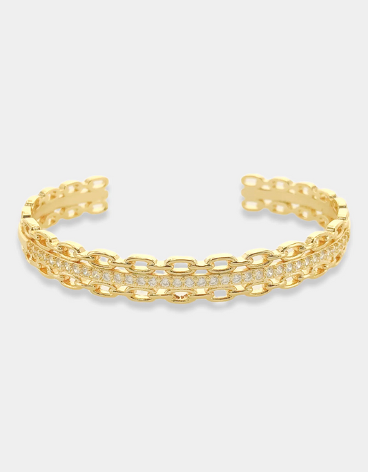 Gold Triple Layer Rhinestone Cuff Bracelet