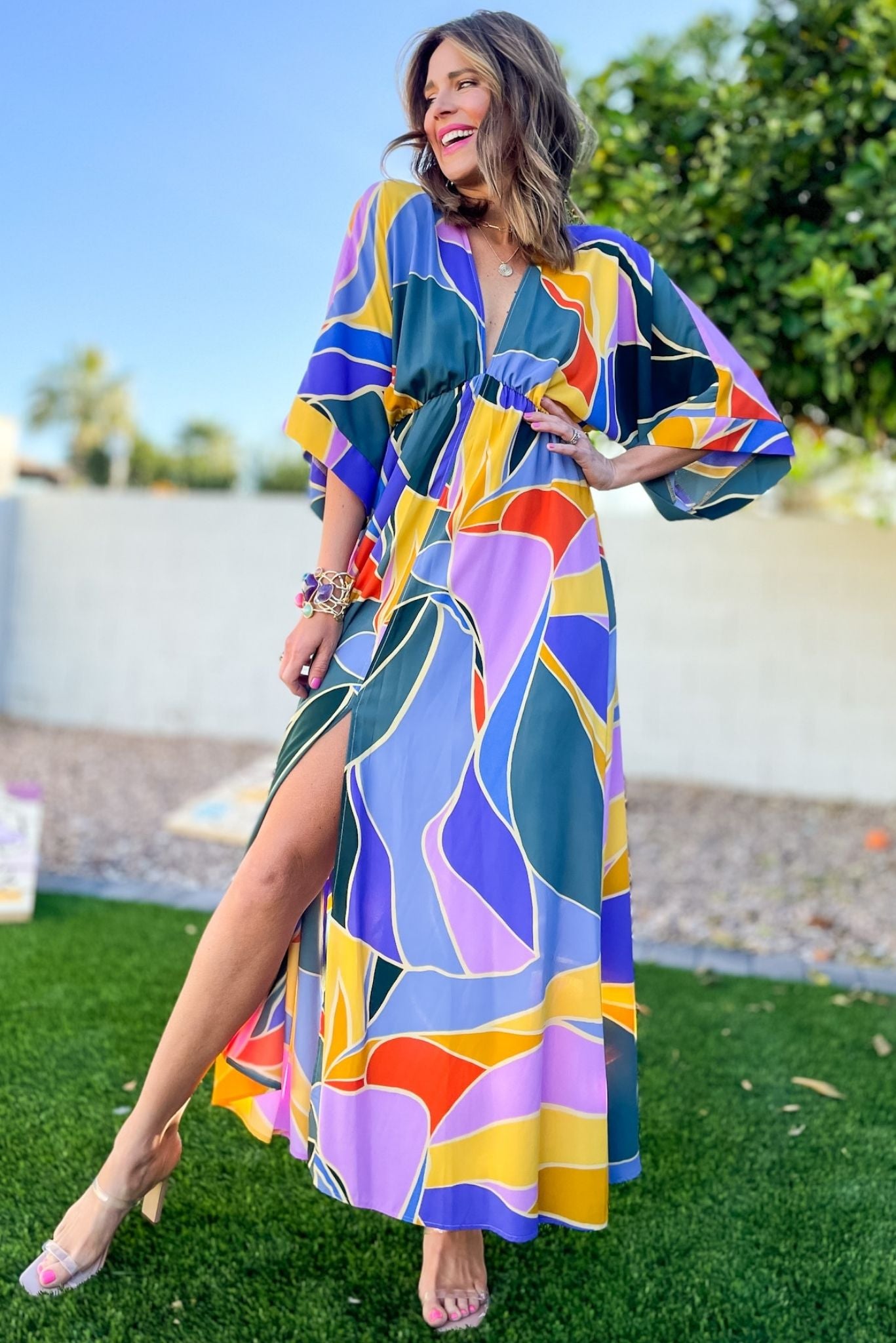 blue abstract print kimono maxi dress, maxi dress, wedding guest dress, spring dress, green dress, summer dress, shop style your senses by mallory fitzsimmons