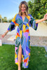 blue abstract print kimono maxi dress, maxi dress, wedding guest dress, spring dress, green dress, summer dress, shop style your senses by mallory fitzsimmons