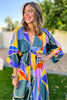 blue abstract print kimono maxi dress, maxi dress, wedding guest dress, spring dress, green dress, summer dress, shop style your senses by mallory fitzsimmons