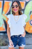 off white solid ruffle cap sleeve top, cap sleeve, ruffle top, off white, layered necklace, denim shorts, distressed shorts, ruffle sleeve top, mom style, spring fashion, shop style your senses by mallory fitzsimmons