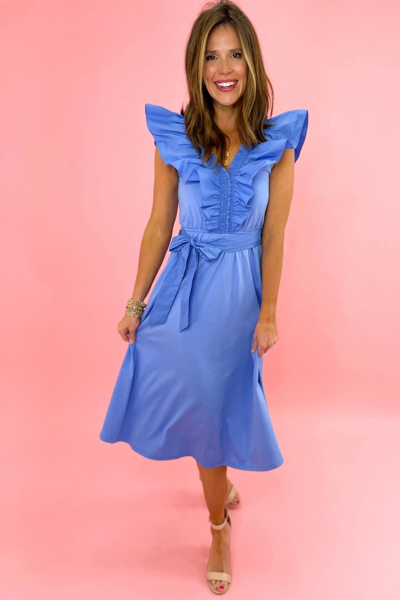 blue extended ruffle v neck midi dress, easter collection, spring dresses, shop style your senses by mallory fitzsimmons