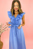 blue extended ruffle v neck midi dress, easter collection, spring dresses, shop style your senses by mallory fitzsimmons