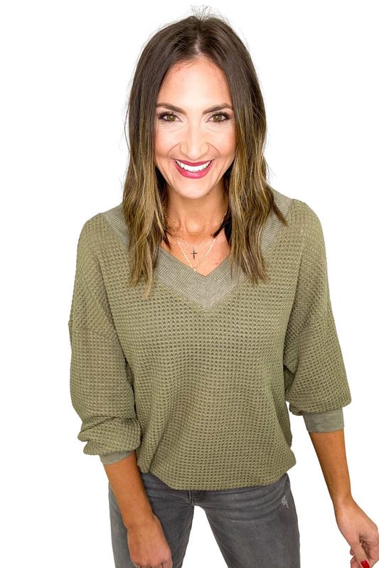 Olive V Neck Waffle Knit Long Sleeve Top