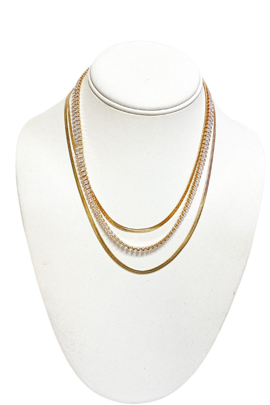 gold rhinestone herringbone layered necklace, necklace, layered, herringbone, rhinestone, statement, gold, chains, accessories, chain, triple layer, mom style, spring fashion, shop style your senses by mallory fitzsimmons
