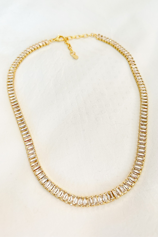 Gold Baguette Cut Rhinestone Necklace