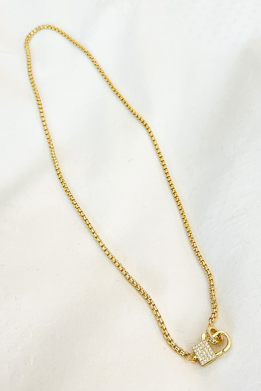 Gold Cable Chain Rhinestone Lock Clasp Necklace