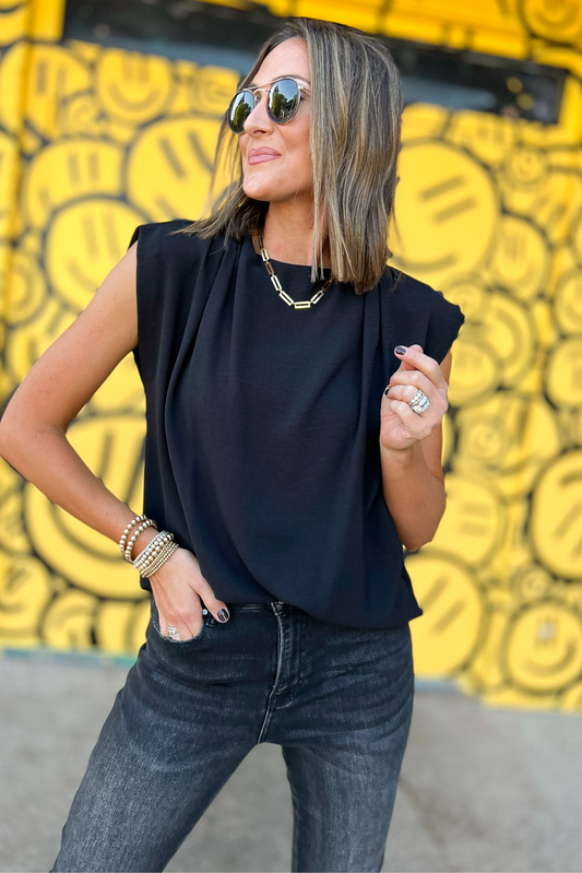 Black High Neck Ruched Shoulder Cap Sleeve Top, black top, ruched shoulder, cap sleeve top, Shop Style Your Senses By Mallory Fitzsimmons