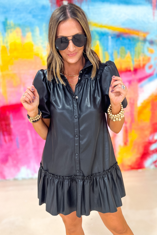 Black Faux Leather Puff Sleeve Drop Waist Button Down Dress, faux leather dress, button down dress, ruffle, drop waist, puff sleeve, elevated dress, Shop Style Your Senses By Mallory Fitzsimmons