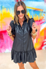 Black Faux Leather Puff Sleeve Drop Waist Button Down Dress, faux leather dress, button down dress, ruffle, drop waist, puff sleeve, elevated dress, Shop Style Your Senses By Mallory Fitzsimmons