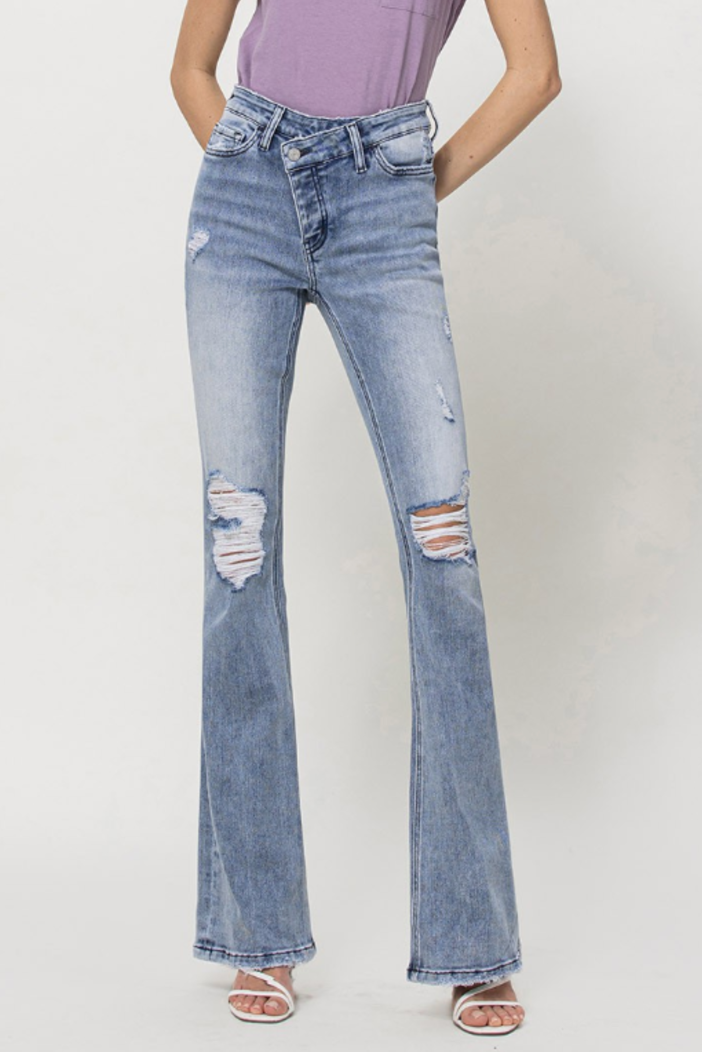 High Rise Acid Wash Criss Cross Distressed Flare Jeans, acid wash denim, jeans, flares, flare denim, distressed jeans, criss cross waist, Shop Style Your Senses By Mallory Fitzsimmons
