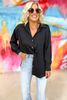 Black Satin Collared Button Up Long Sleeve Top, black top, satin top, collared button down, fall style, layering, Shop Style Your Senses By Mallory Fitzsimmons