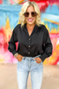 Black Satin Collared Button Up Long Sleeve Top, black top, satin top, collared button down, fall style, layering, Shop Style Your Senses By Mallory Fitzsimmons