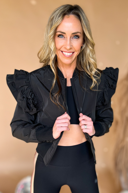 Black Ruffle Shoulder Zip Up Bomber Jacket