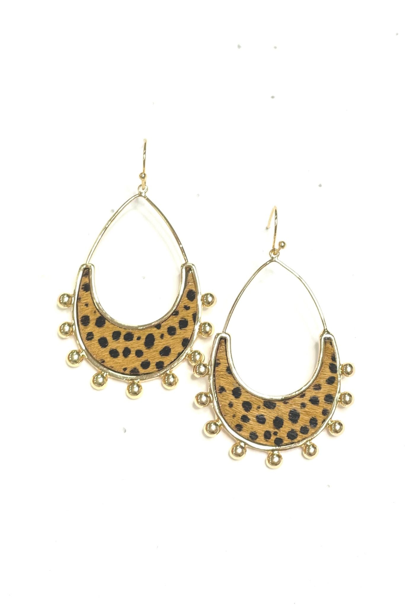 Gold and Small Spotted Hide Teardrop Dangle Earrings