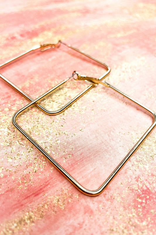 Gold Square Thin Round Metal Earrings