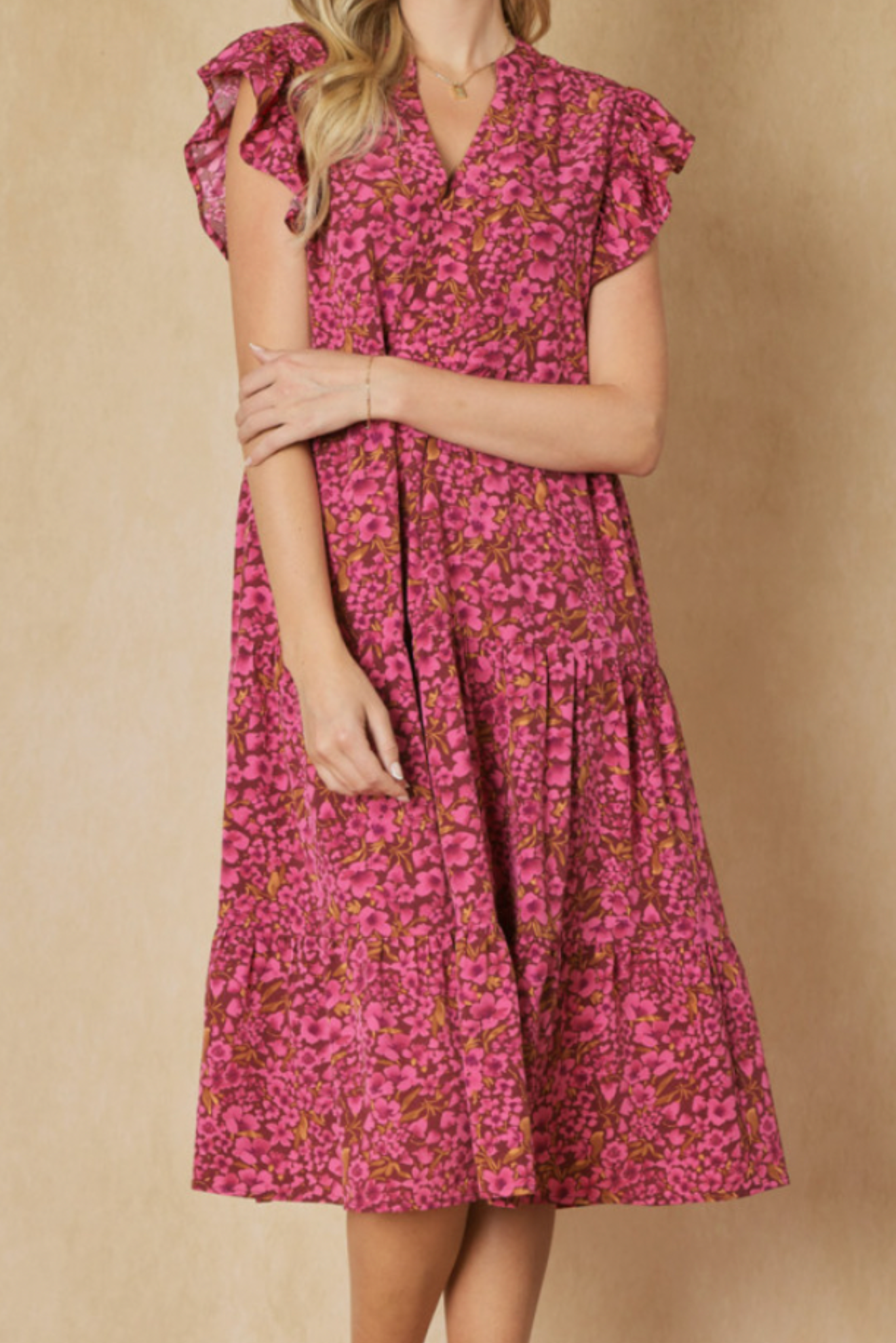 Burgundy Pink Floral V Neck Ruffle Shoulder Midi Dress