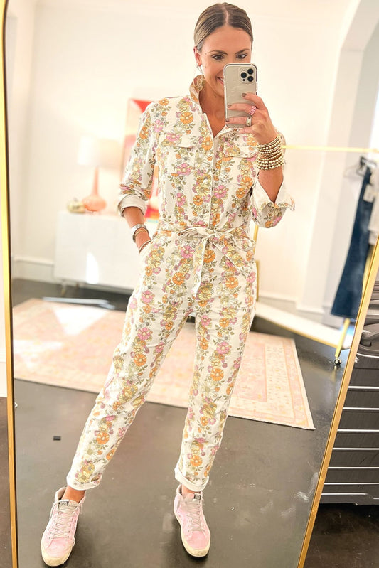 Ivory floral denim long sleeve collared jumpsuit shop style your senses by mallory fitzsimmons