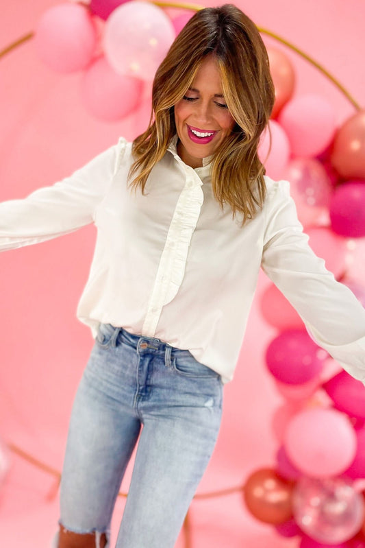 ivory ruffle hem collared button down top, blouse, work to weekend, Mallorys favorite, ivory, spring outfits, distressed jeans, ivory, shop style your senses by mallory fitzsimmons