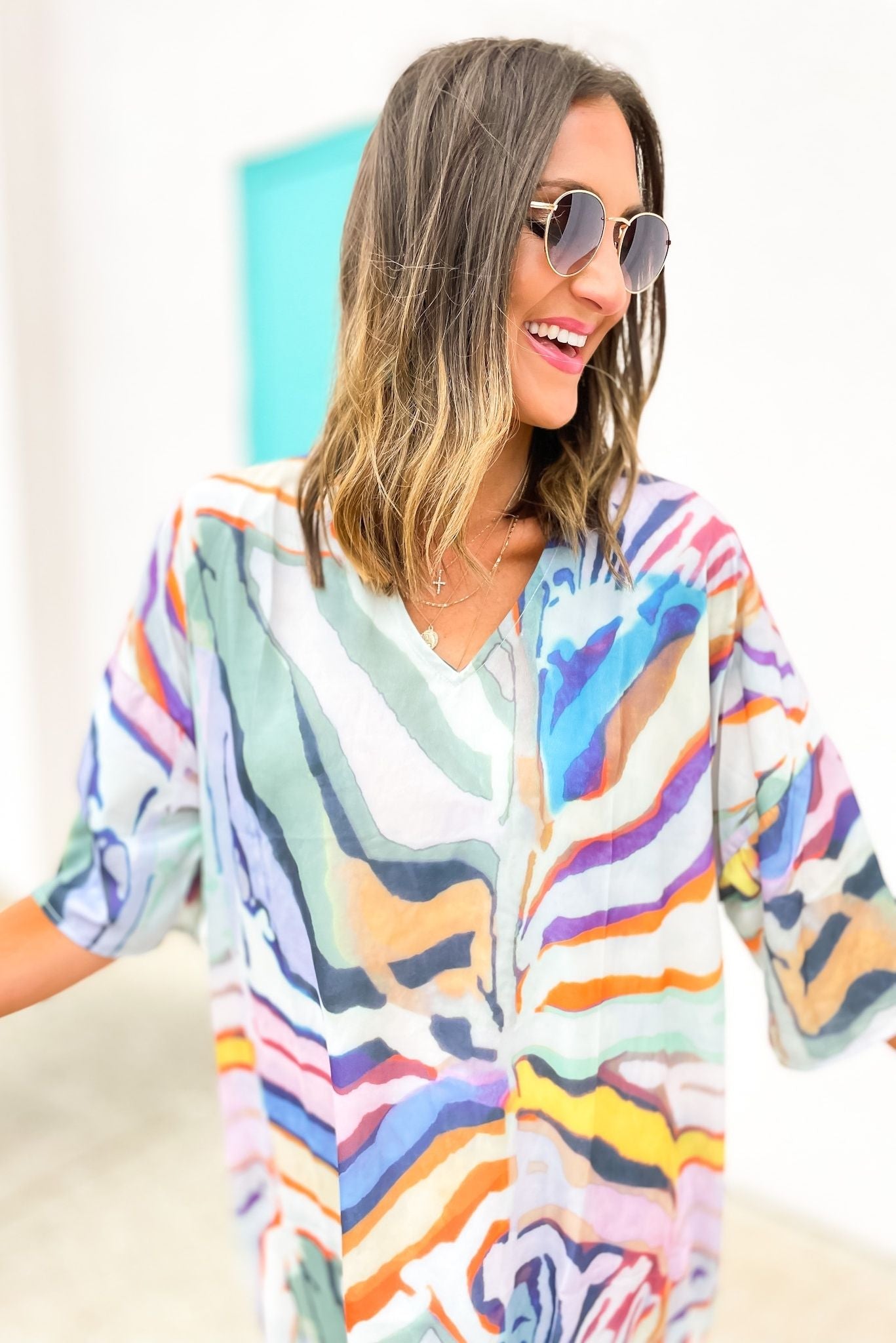 multi color abstract v neck midi dress, summer dresses, affordable style, beach vibes, shop style your senses by mallory fitzsimmons
