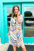 multi color abstract v neck midi dress, summer dresses, affordable style, beach vibes, shop style your senses by mallory fitzsimmons