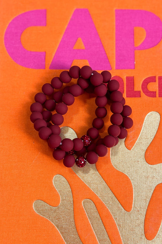 Wine Matte Round Bead With Rhinestone Bead Bracelet Stack