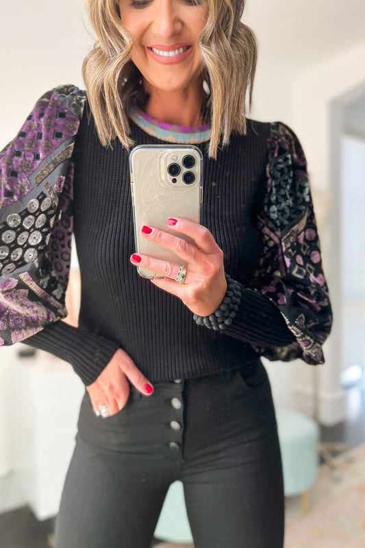 Black Burn out Velvet Contrast Puff sleeve Sweater new arrivals fall tops winter outfits shop style your senses by mallory fitzsimmons