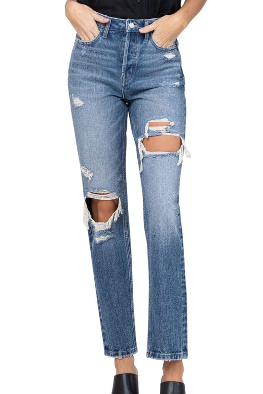 High Rise Distressed Straight Leg Jeans