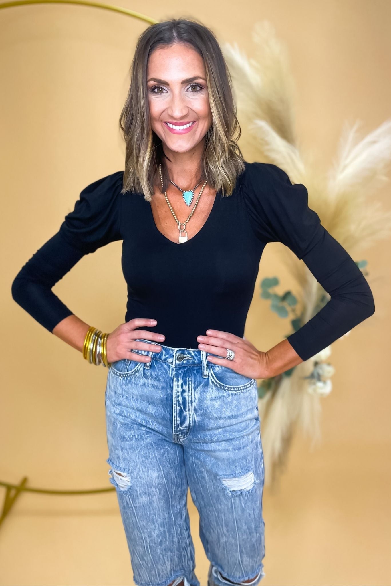 black puff shoulder knit top, acid wash boyfriend jeans, date night outfits, affordable style, shop style your senses by mallory fitzsimmons
