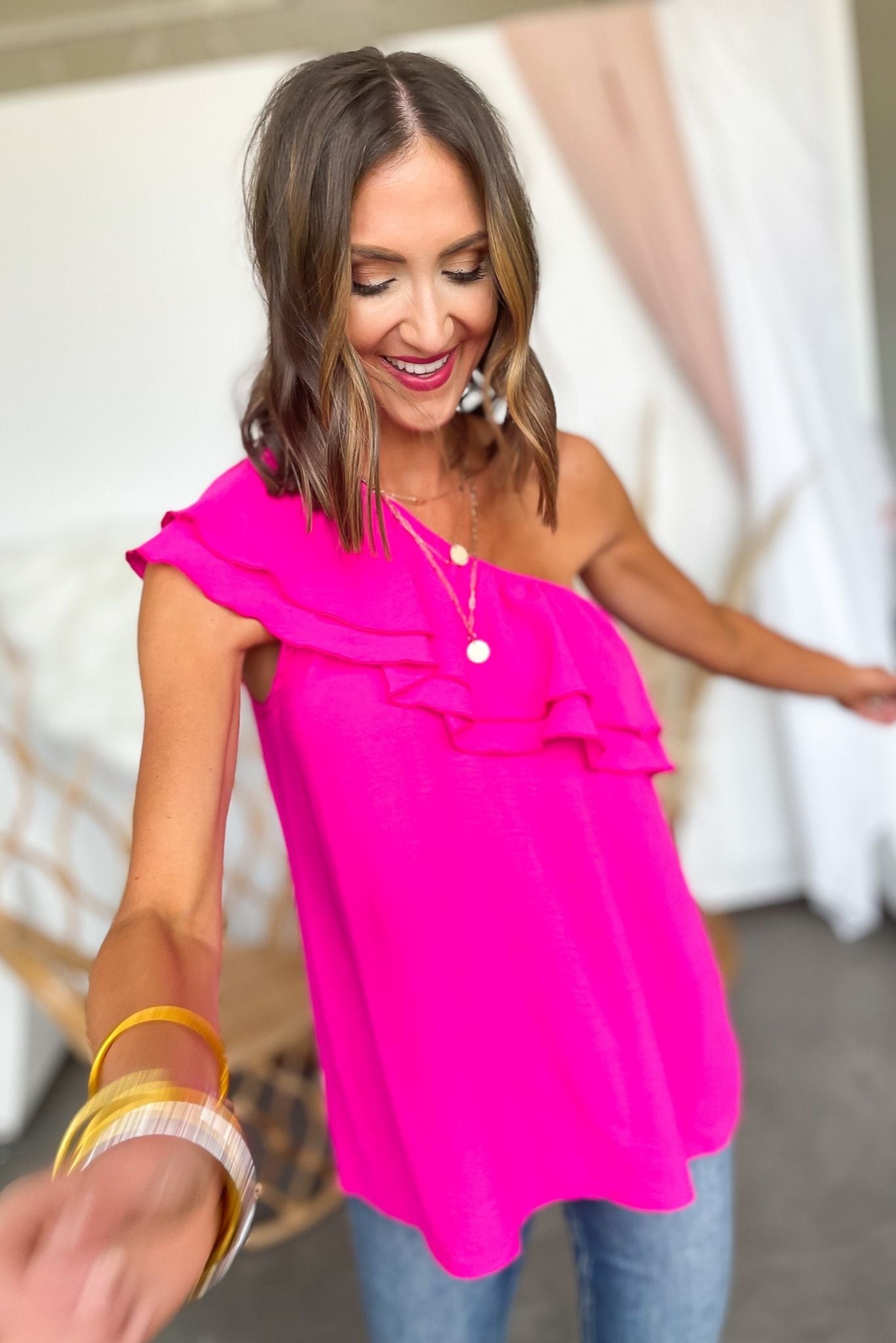 hot pink solid ruffled one shoulder top, pretty in pink collection, bright colors, date night outfits, shop style your senses by mallory fitzsimmons