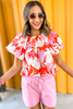 Orange Floral Print Pleated Bubble Sleeve Top, puff sleeve top, spring top, floral print, pleated, bubble sleeve top, shop style your senses by mallory fitzsimmons