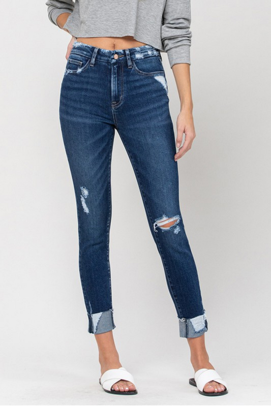 Dark Wash High Rise Distressed Clean Cut Crop Skinny Jeans