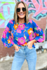 Blue Floral Smocked Cuff Drop Long Sleeve Top, floral top, long sleeve top, bubble sleeves, blue, Shop Style Your Senses By Mallory Fitzsimmons