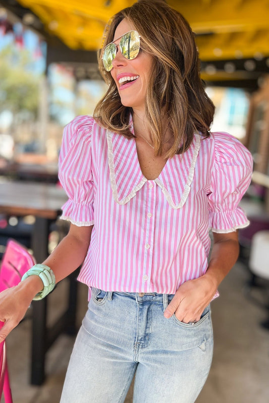 Pink Striped Peter Pan Collar Puff Sleeve Top, peter pan collar, light pink, stripe, puff sleeve, collar top, mom style, shop style your sense by mallory fitzsimmons