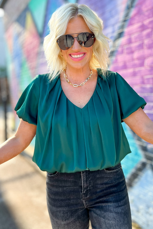 Hunter Green Satin V Neck Pleated Bubble Top, satin top, v neck top, pleated top, bubble top, bubble sleeve, Shop Style Your Senses By Mallory Fitzsimmons